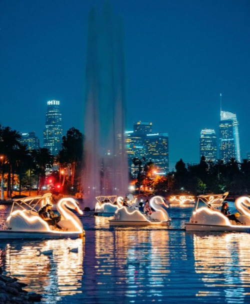 Illuminated swan boats on a lake at night, with a city skyline and fountain in the background.
