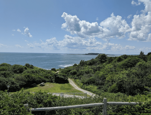 A scenic view of the ocean and coastline, with lush greenery and a clear blue sky dotted with clouds.