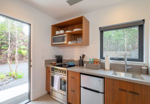 Modern kitchen with wooden cabinets, stainless steel appliances, and a view of a garden through a glass door.