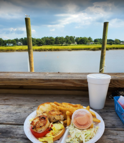 A plate of grilled seafood, fries, and coleslaw sits on a wooden table by a calm water view with green fields.