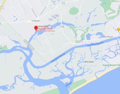 Map showing the location of Waterfront Seafood Shack near Calabash, North Carolina, along the Intracoastal Waterway.