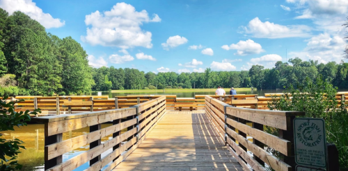 A wooden dock extends over a calm lake, surrounded by lush greenery and blue skies with fluffy clouds.