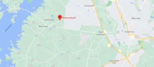 Map showing the location of Barnwood Grill near Creekwood, with nearby areas like Centerville and Anderson highlighted.