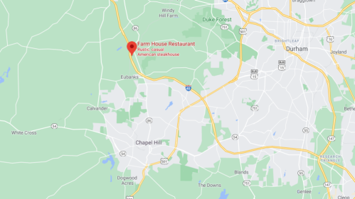 Map showing the location of Farm House Restaurant, an American steakhouse near Chapel Hill and Durham, North Carolina.