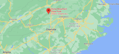 Map showing Stone Mountain State Park in North Carolina, highlighting nearby cities and geographical features.