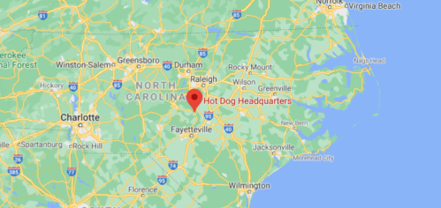 Map of North Carolina highlighting the location of "Hot Dog Headquarters."