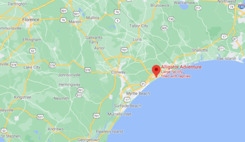 Map showing the location of Alligator Adventure near Myrtle Beach, South Carolina, with nearby roads and towns.