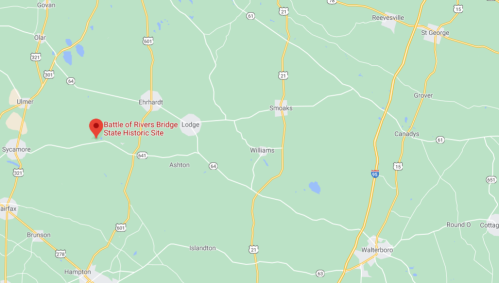 Map showing the location of the Battle of Rivers Bridge Lodge State Historic Site in South Carolina.