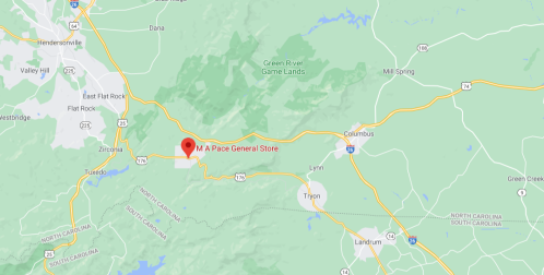 Map showing the location of M A Pace General Store near Columbus, North Carolina, surrounded by green areas and highways.