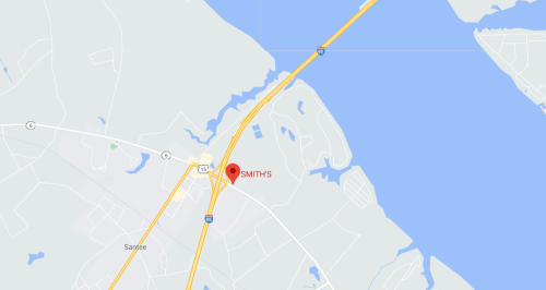 Map showing a location labeled "Smith's" near highways and a body of water in Santee.