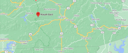 Map showing the location of Wayah Bald in North Carolina, surrounded by nearby towns and natural features.
