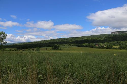 A lush green landscape under a blue sky with clouds, featuring rolling hills and a distant farmhouse.