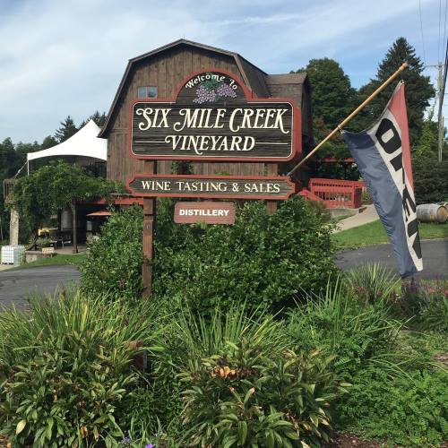 Sign for Six Mile Creek Vineyard, featuring "Wine Tasting & Sales" and a flag, surrounded by greenery.