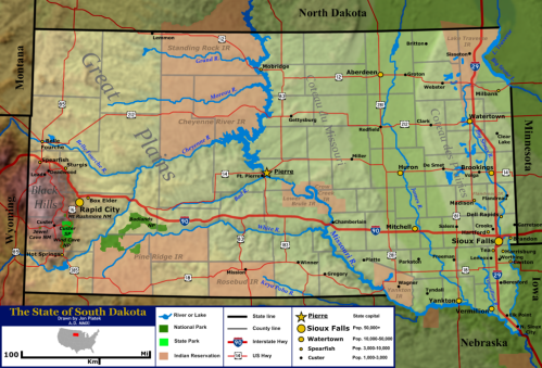 Map of South Dakota showing counties, major cities, parks, rivers, and highways. Key locations include Pierre and Sioux Falls.