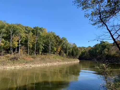 A serene river flows through a lush green landscape under a clear blue sky, reflecting trees along the banks.