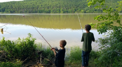 Two children fishing by a calm lake surrounded by greenery and hills in the background.