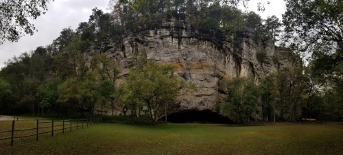 A panoramic view of a large rock formation surrounded by trees and grassy land under a cloudy sky.
