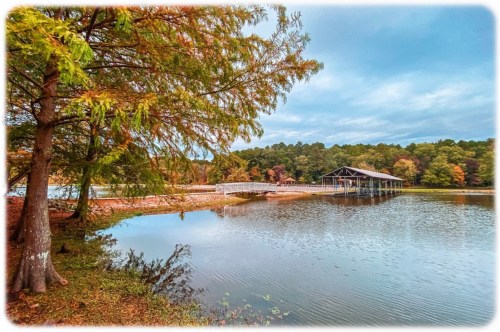 A serene lake scene with a wooden dock, surrounded by trees and autumn foliage under a cloudy sky.