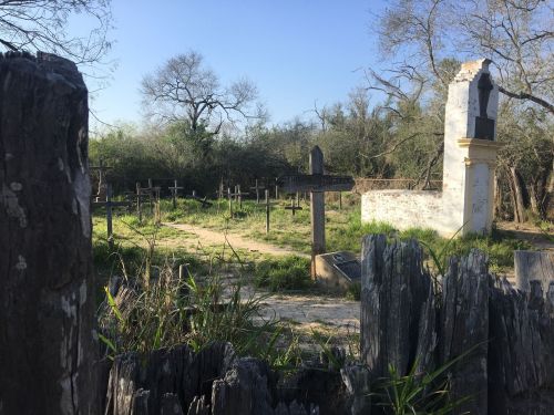 A serene graveyard with wooden crosses, overgrown grass, and a stone monument under a clear blue sky.