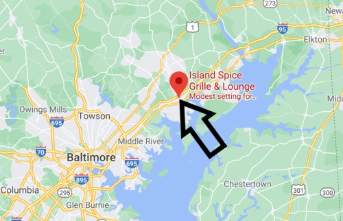 Map showing the location of Island Spice Grille & Lounge near Baltimore, Maryland, with an arrow pointing to it.