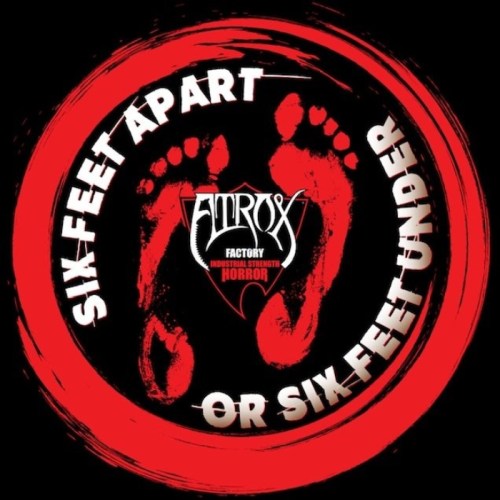 Logo featuring footprints with the text "Six Feet Apart or Six Feet Under" in a circular red design.