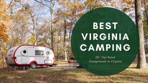 A cozy camper parked in a wooded area with autumn leaves, promoting top-rated camping in Virginia.