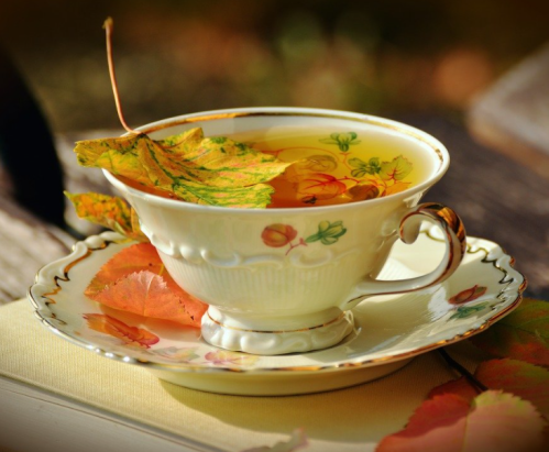 A delicate teacup with yellow tea and colorful autumn leaves resting on a saucer, set against a blurred background.