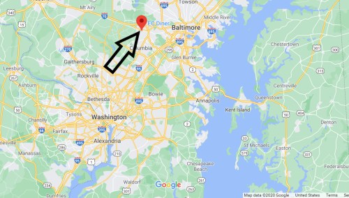 Map showing the location of EC Diner near Baltimore, Maryland, with an arrow pointing to its position.
