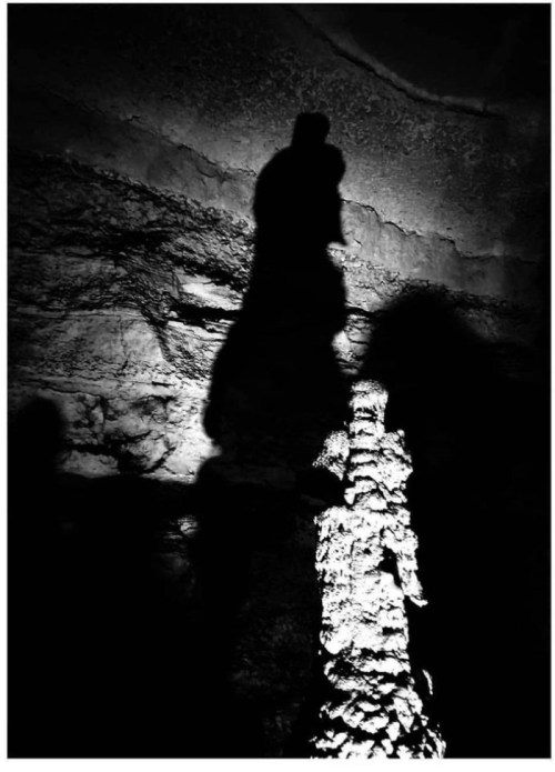 A dramatic black and white image of a shadow cast on a rocky surface, highlighting textures and shapes.