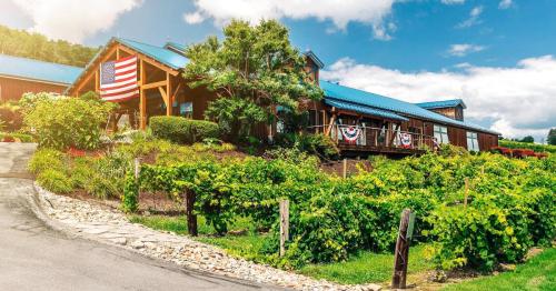 A charming winery with a blue roof, American flag, and lush vineyards under a bright sky.