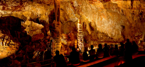 Visitors admire stunning rock formations in a dimly lit cave, illuminated by warm lights.