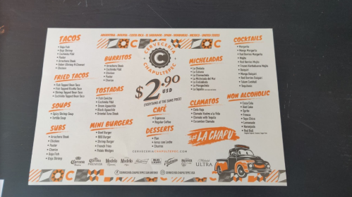 Menu for Cervecería Chapultepec featuring tacos, burritos, cocktails, and desserts, with prices starting at $2.90.