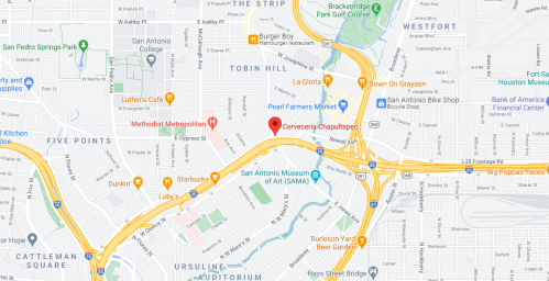 Map showing the area around San Antonio, Texas, highlighting locations like La Gloria and the San Antonio Museum of Art.