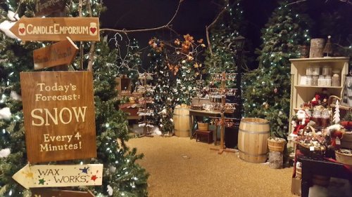 A cozy holiday shop filled with decorated trees, festive decorations, and a sign forecasting snow every 4 minutes.