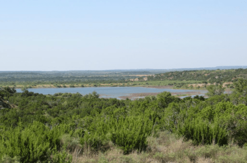 A serene landscape featuring a calm lake surrounded by lush greenery and distant hills under a clear blue sky.