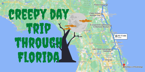 Map of Florida with a spooky tree and moon, highlighting a creepy day trip route.