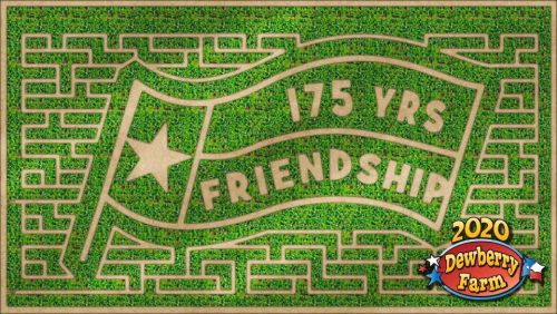 A grassy maze design featuring "175 YRS FRIENDSHIP" and "2020 Dewberry Farm" in colorful text.
