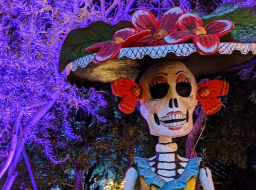 A colorful skeleton figure with a large hat adorned with flowers, set against a purple-lit background of foliage.