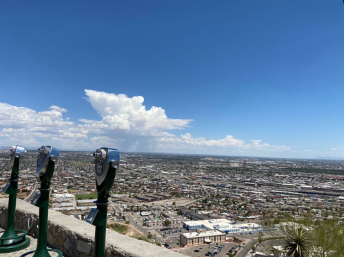 View from a high vantage point overlooking a cityscape with binoculars in the foreground and clouds in the sky.