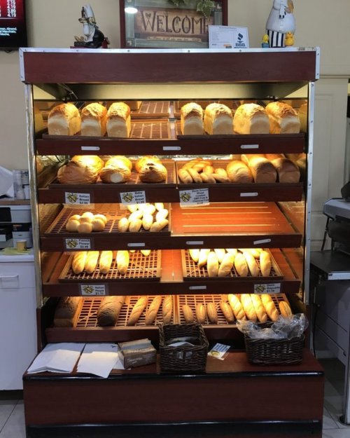 A display case filled with various types of freshly baked bread, including loaves and rolls, warmly lit.