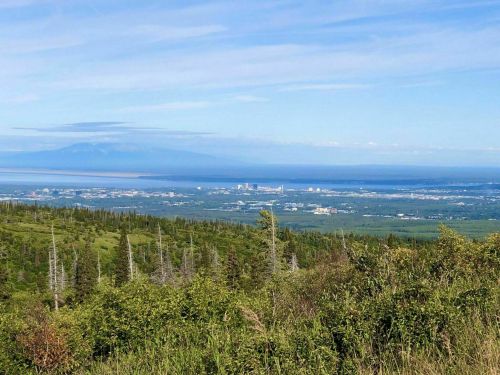 A panoramic view of a city by the coast, surrounded by greenery and mountains under a clear blue sky.