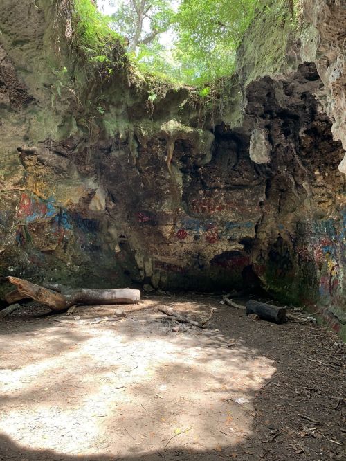 A rocky cave interior with colorful graffiti on the walls and scattered logs on the ground, illuminated by natural light.