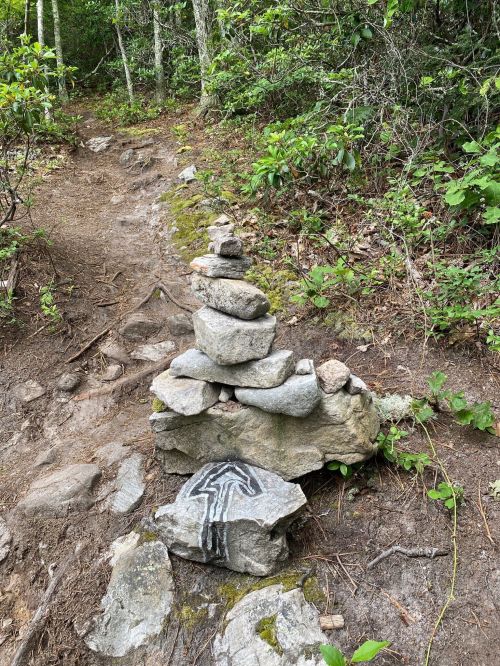 A stacked rock formation on a dirt trail surrounded by greenery and trees.