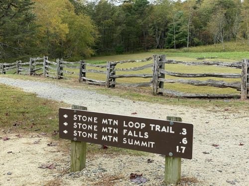 Trail sign indicating directions to Stone Mountain Loop Trail, Falls, and Summit with distances in miles.