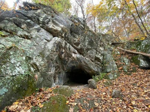 A rocky cave entrance surrounded by autumn foliage and scattered leaves on the ground.