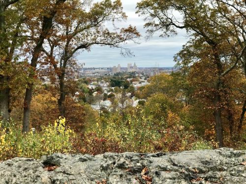 A scenic view of a city skyline surrounded by autumn trees and rocky terrain, under a cloudy sky.