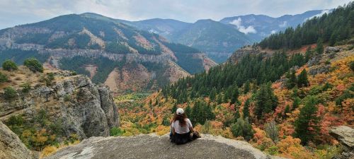 A person sits on a rocky ledge, overlooking a colorful valley surrounded by mountains and trees in autumn.