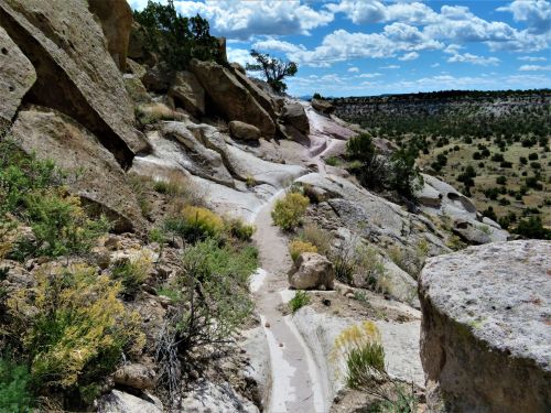 A rocky landscape with a winding path, surrounded by shrubs and trees under a blue sky with fluffy clouds.