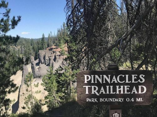 Sign for Pinnacles Trailhead with park boundary information, surrounded by trees and rocky cliffs in the background.