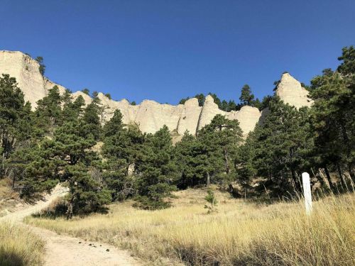 A sandy path leads to towering rock formations surrounded by pine trees under a clear blue sky.